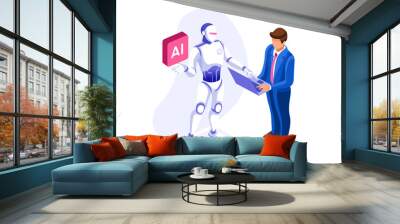 Symbolic office, computer symbol as remote web assistance for humans. Artificial intelligence technology sign. Internet workers simple man and high tech robot machine. Cartoon flat vector illustration Wall mural