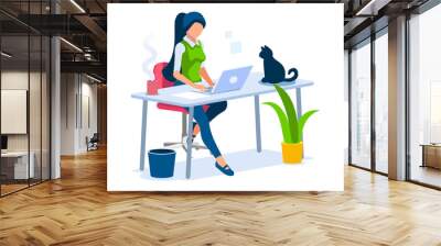 Talking online, concept of working at home. Character sitting at the office looking screen on the desk. Office character working online. Woman at home sitting looking for work. Flat Vector Wall mural