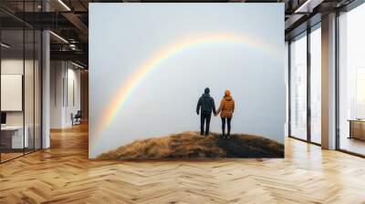 A rainbow arcing over two people holding hands on a hilltop, Symbol of hope, Connected beauty Wall mural