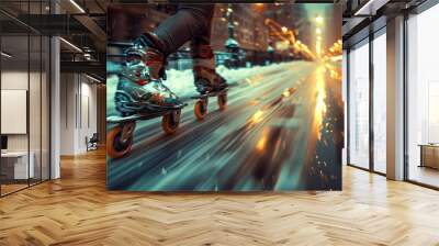 Close-up of rollerblades in action on an urban street, capturing the speed Wall mural