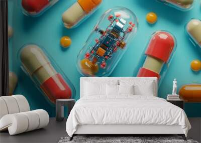 Colorful mechanical pills and capsules representing futuristic medicine and pharmaceutical innovation Wall mural