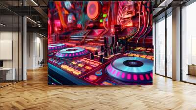 Psytrance, Techno, Rave Music Festival DJ Stock Photos: Summer Beach, Psychedelic Trance, Audio Record Turntable, Vinyl Party Sound Disco Technology Equipment Club Dance Retro Mixer Sun Generative AI Wall mural