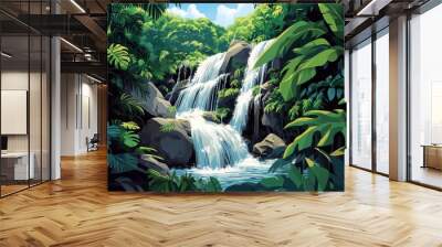 Tropical waterfall cascading through lush greenery in a serene forest landscape Wall mural