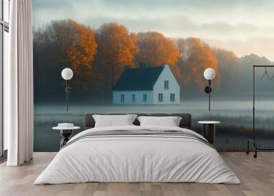 White house in foggy autumn countryside with serene rural landscape and fall colors Wall mural