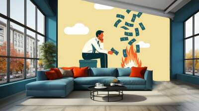 Illustration of a wasteful businessman making a bonfire with money Wall mural