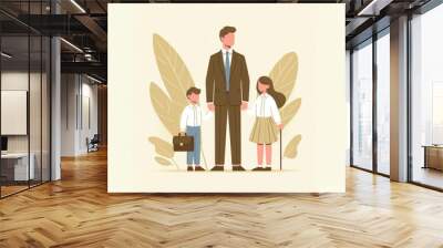 illustration of businessman with boy and girl on floral background Wall mural