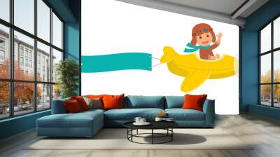 cute boy pilot flies on a yellow plane in the sky. air adventure. isolated cartoon vector illustrati Wall mural