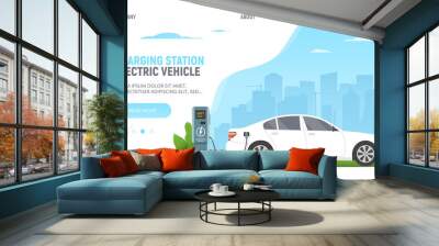 Electric car on parking charging station on cityscape background. Green power. Eco. Modern technology and environment care concept. Web page template with white electric car. Vector illustration. Wall mural