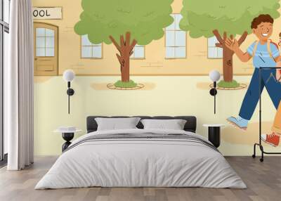 Two children going to school, primary school with students, kids going back to class in september Wall mural