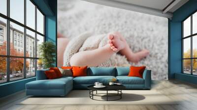 Closeup  newborn baby feet on fluffy blanket. Copy space Wall mural