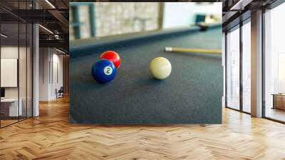 Closeup of billiard balls - red, blue and white. Wall mural