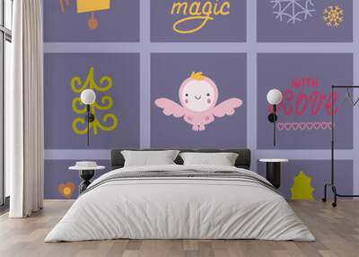 Collection of square cards with hand drawn lettering and Christmas symbols. Wall mural