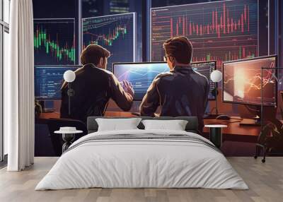 two men trading stocks illustrated graphic  Wall mural