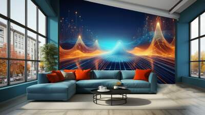 Abstract blue and orange digital landscape with glowing nodes. Wall mural