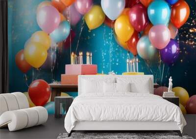 Festive birthday celebration background with vibrant multicolored balloons in bright and cheerful setting Wall mural