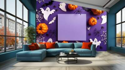 happy halloween holiday concept frame of halloween decorations bats ghosts garland spiders on purple background halloween greeting card mockup with copy space Wall mural