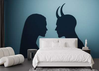 A dramatic silhouette of a woman facing a horned figure, symbolizing the clash between good and evil in a conceptual scene. Wall mural