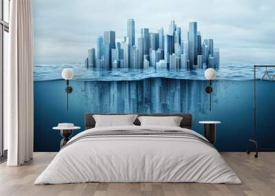 A futuristic city skyline submerged in water, reflecting a blend of modern architecture and environmental themes. Wall mural