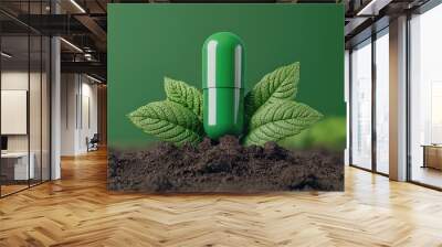 A vibrant green capsule emerging from rich soil and fresh leaves, symbolizing natural health and wellness. Wall mural