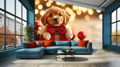 Adorable golden puppy with a red bow, surrounded by festive decorations and warm bokeh lights, perfect for holiday celebrations. Wall mural