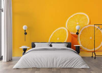 Bright and vibrant orange slices on a sunny yellow background, perfect for fresh and fruity designs. Wall mural