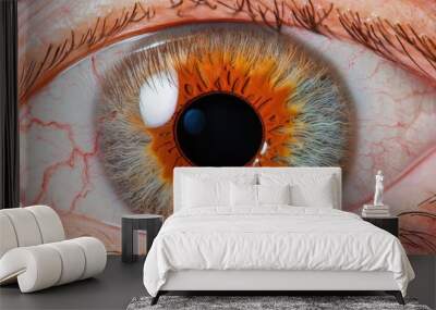 Close-up of a human eye showcasing intricate details of the iris and pupil with vibrant colors, highlighting unique patterns and textures. Wall mural