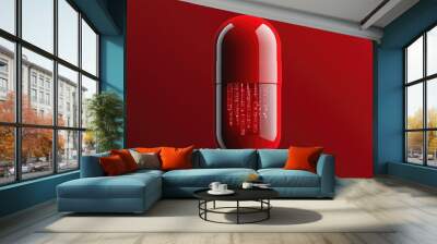 Close-up of a vibrant red capsule against a contrasting background, ideal for health and pharmaceutical themes. Wall mural