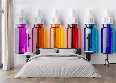 Colorful dropper bottles in vibrant shades, arranged in a row on a white background, showcasing various colors for healthcare or chemistry purposes. Wall mural