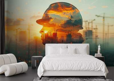 Silhouette of a construction worker with cranes and a sunset in the background, representing industry and progress. Wall mural