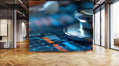 Stethoscope on financial chart representing healthcare analysis and medical market trends. Concept of industry growth and investment in healthcare. Wall mural