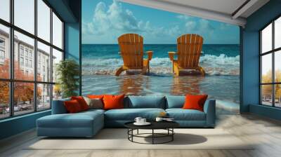 Two empty yellow beach chairs on a sunny ocean shore, waves lapping at their legs, under a bright blue sky with white clouds. Wall mural