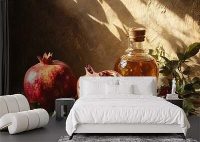 Pomegranate with Seeds and Golden Oil on Rustic Background Wall mural