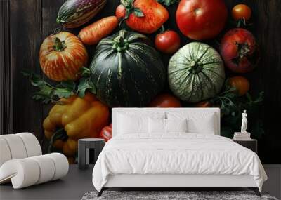 Assortment of heirloom vegetables on a dark wood background, showcasing their unique shapes and rich colors in a rustic setting Wall mural