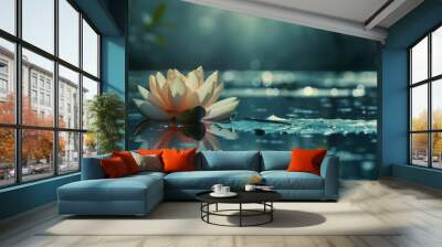 Close up of a single lotus flower floating on still water, with soft reflections and a calm, serene atmosphere  Wall mural