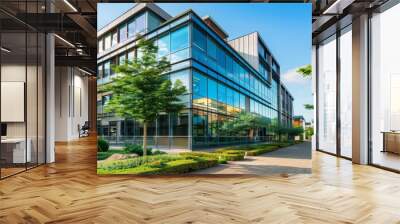 Commercial office building exterior with modern architecture, glass facades, and landscaped surroundings, illustrating a professional and attractive corporate headquarters  Wall mural