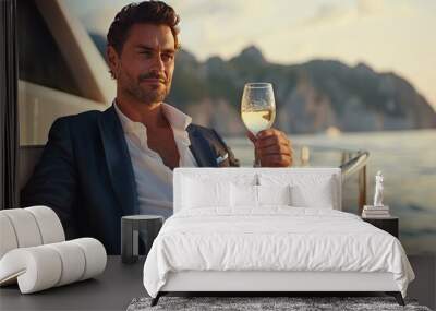 Dapper man enjoying a glass of fine wine on a private yacht, with a stunning coastal landscape in the background, embodying a life of luxury and adventure  Wall mural