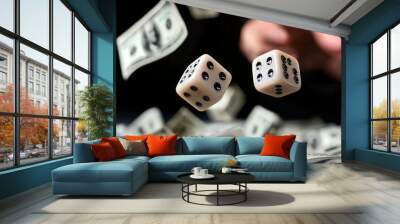 Hand Tossing Dice Over Dollar Bills Wall mural