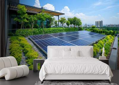 Innovative green rooftop garden with integrated solar panels on a clean surface, highlighting advanced technology for sustainable urban living and energy generation  Wall mural