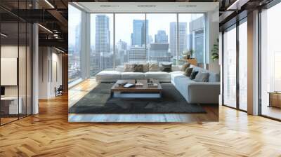 Modern downtown apartment with city views through large windows Wall mural