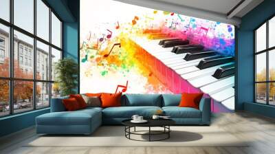 Piano keys and music notes in bright, vivid colors arranged on a white background, highlighting the beauty and diversity of musical expression and instrumentation  Wall mural