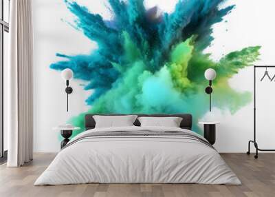 Chromatic Explosion: A vibrant burst of teal and green powder paints the air, frozen in a dynamic display of color and energy.  Wall mural