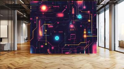 Neon Circuitry: A vibrant symphony of neon lights dance across a complex network of circuitry, illuminating the intricate beauty of technology.  Wall mural