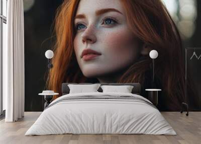 Portrait of a Young Woman with Red Hair and Freckles Wall mural