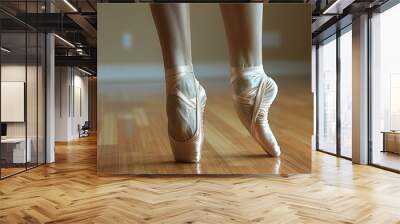 Award Winning National Geographic rule of thirds, photograph of a pair of dancer's feet en pointe on a hardwood floor, minimalist, plain warm honey background, ultra realistic phot Wall mural