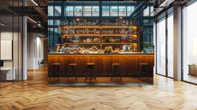 A bar with a lot of liquor on the shelves and a few stools. The bar is dimly lit and has a cozy atmosphere Wall mural