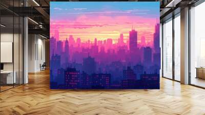 A city skyline with a pink and purple sunset in the background Wall mural