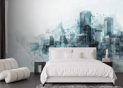 A cityscape with a lot of buildings and a cloudy sky Wall mural