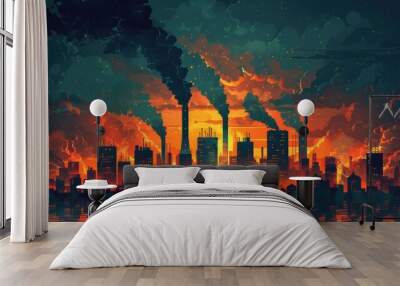 A cityscape with a lot of smoke and fire Wall mural