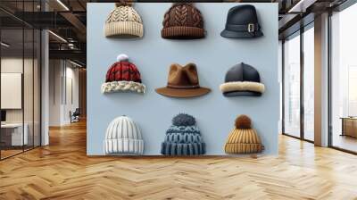 A collection of hats and pom poms, including a black fedora, a red and white hat, and a brown hat with a black band Wall mural