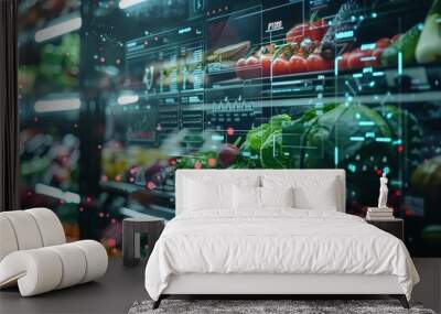 A computer generated image of a grocery store with a lot of vegetables and fruits. The vegetables are displayed in a digital format, with a focus on the broccoli and tomatoes Wall mural